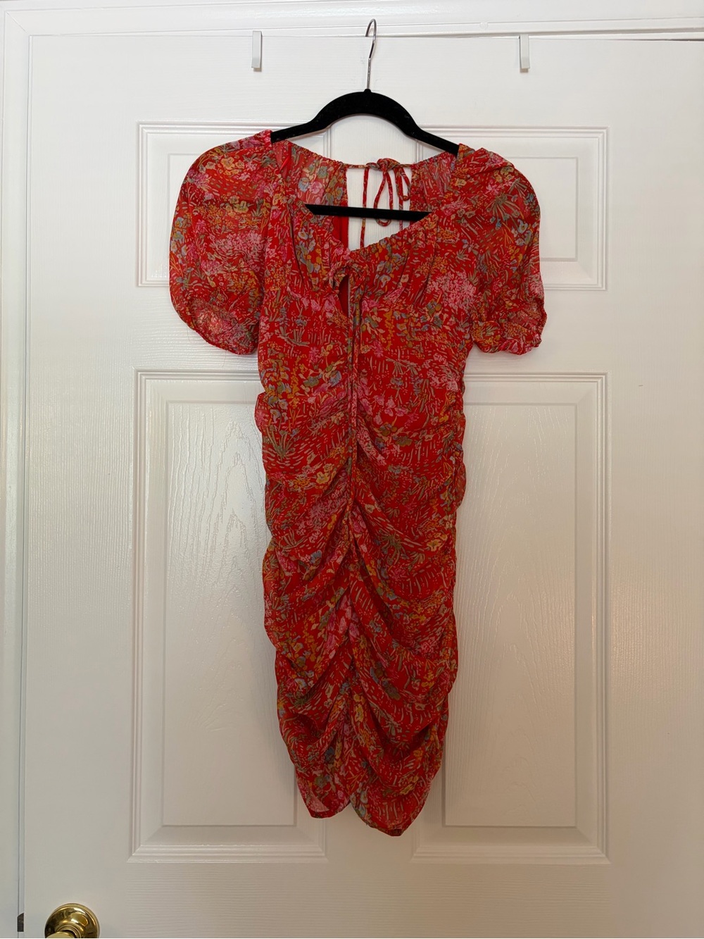 Red Floral Ruched Midi Dress with Puff Sleeves
